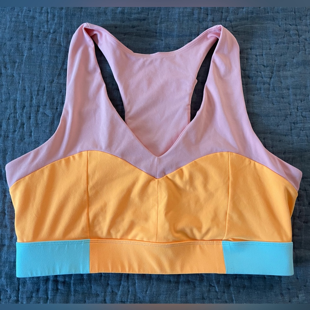 Fabletics On-the-go Mid Medium Impact Sports Bra Peach Orange Aqua Pickleball XL